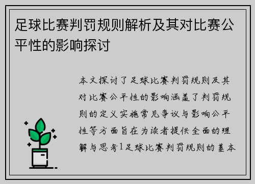 足球比赛判罚规则解析及其对比赛公平性的影响探讨