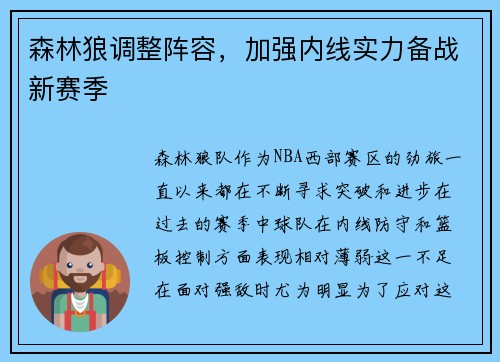 森林狼调整阵容，加强内线实力备战新赛季