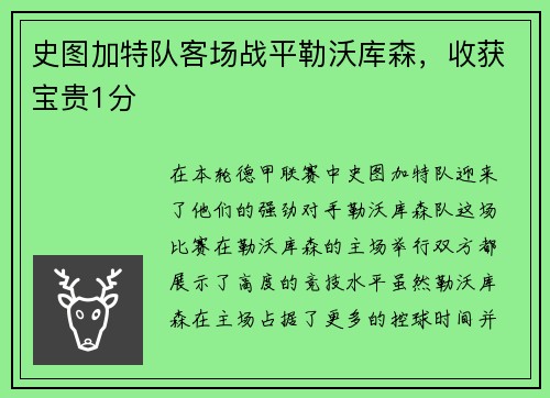 史图加特队客场战平勒沃库森，收获宝贵1分