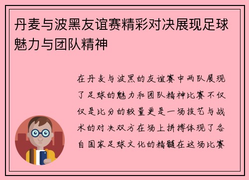 丹麦与波黑友谊赛精彩对决展现足球魅力与团队精神