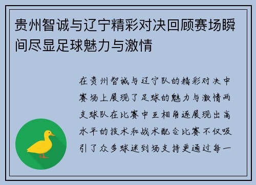 贵州智诚与辽宁精彩对决回顾赛场瞬间尽显足球魅力与激情