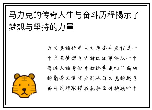 马力克的传奇人生与奋斗历程揭示了梦想与坚持的力量