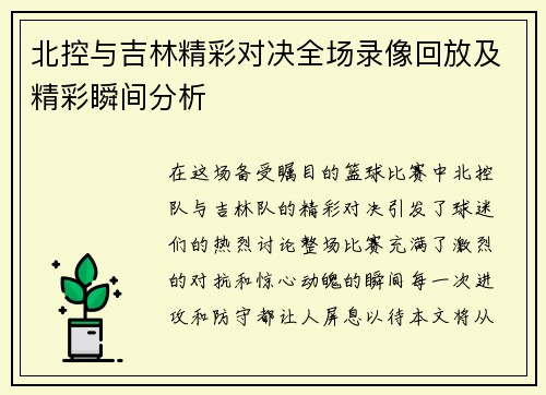 北控与吉林精彩对决全场录像回放及精彩瞬间分析