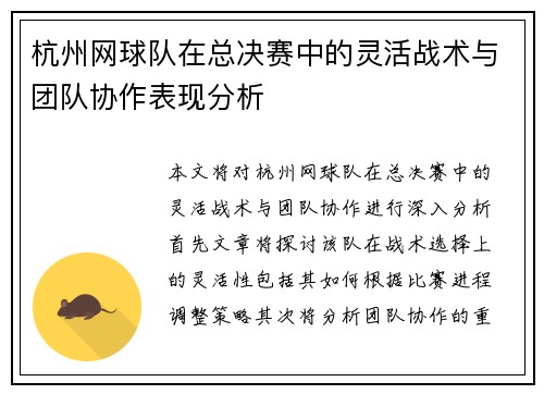 杭州网球队在总决赛中的灵活战术与团队协作表现分析