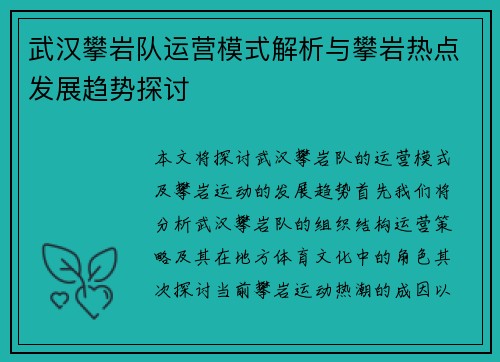 武汉攀岩队运营模式解析与攀岩热点发展趋势探讨