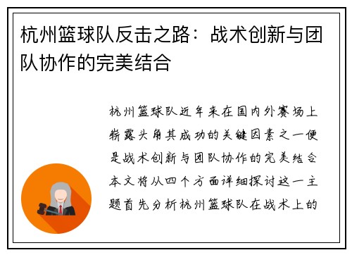 杭州篮球队反击之路：战术创新与团队协作的完美结合