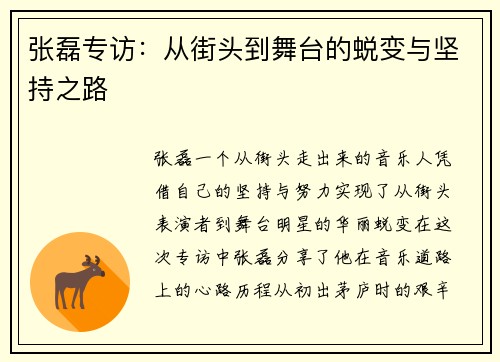 张磊专访：从街头到舞台的蜕变与坚持之路